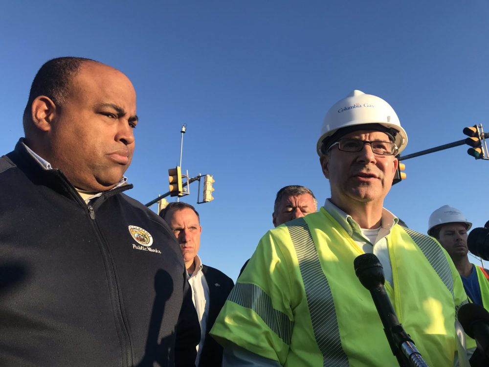Lawrence Mayor Dan Rivera and Columbia Gas of Massachusetts President Mark Kempic speak during a news conference Sept. 27 about the gas leak. (Quincy Walters/WBUR)