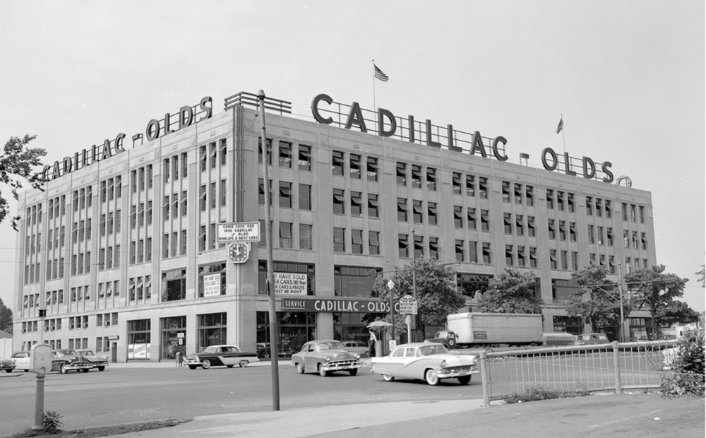 The Peter Fuller Building at 808 Commonwealth Avenue was built as a Cadillac dealership in 1927. Shown here in the 1950s, it’s now used by Boston University.