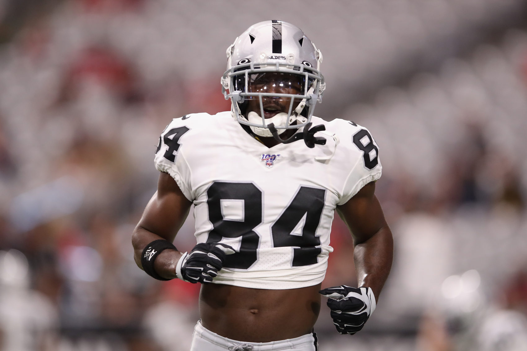 Wide receiver Antonio Brown warming up for the Oakland Raiders before a preseason game August 15. (Christian Petersen/Getty Images)