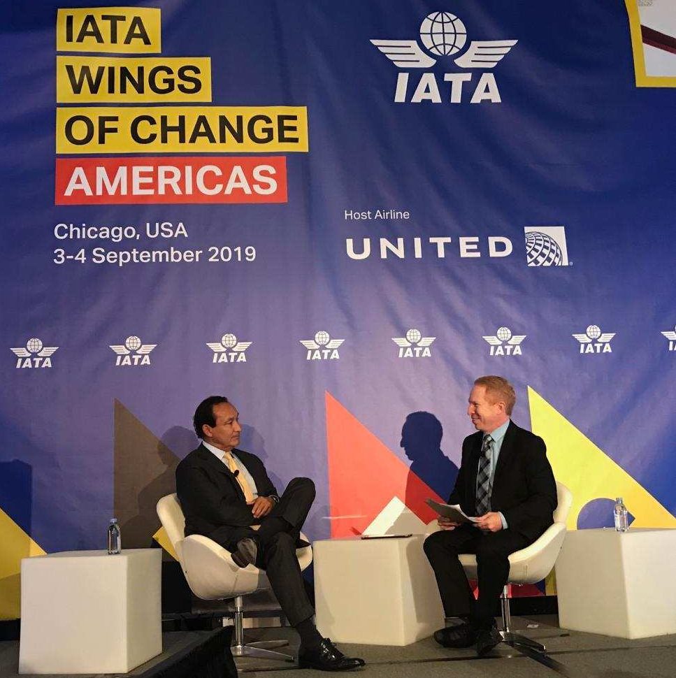 Here &amp; Now transportation analyst Seth Kaplan interviews United Airline's CEO, Oscar Munoz. (Photo courtesy of Seth Kaplan)