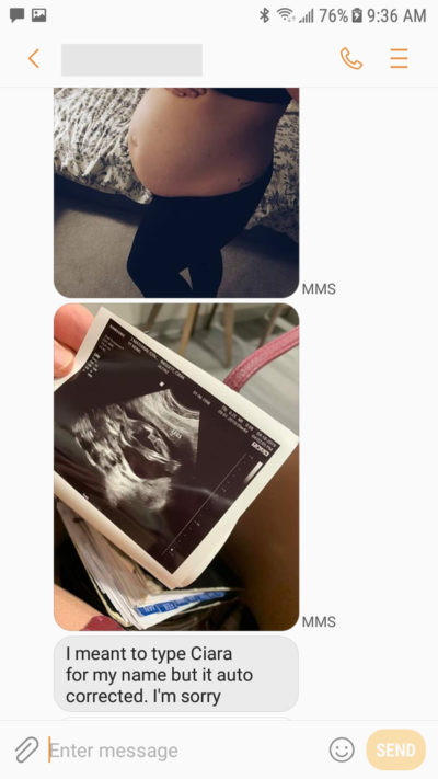 Screenshots show images of a pregnant belly and ultrasounds the scammer sent Alyssa and Isaac Short.