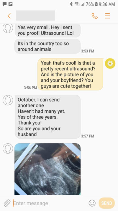 Screenshots show images of a pregnant belly and ultrasounds the scammer sent Alyssa and Isaac Short.