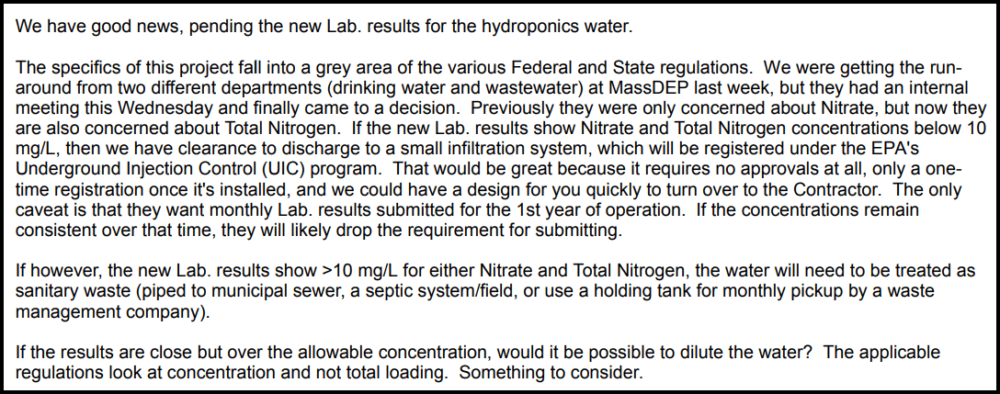 An excerpt from the consultant's Aug. 19, 2016, email to an MIT official, regarding the wastewater. 