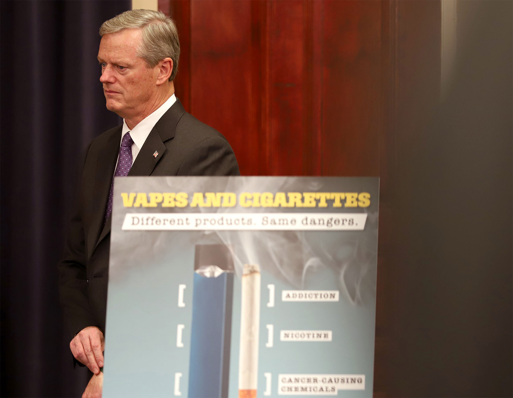 "E-cigarette usage is exploding and it's clear there's a very real danger to the population," Gov. Charlie Baker said at a Tuesday news conference where he declared vaping-related lung illnesses a public health emergency in the state. (Sam Doran/SHNS)