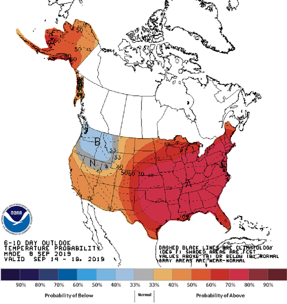 Warmer than average weather is likely through much of the middle of September. (Courtesy NOAA)