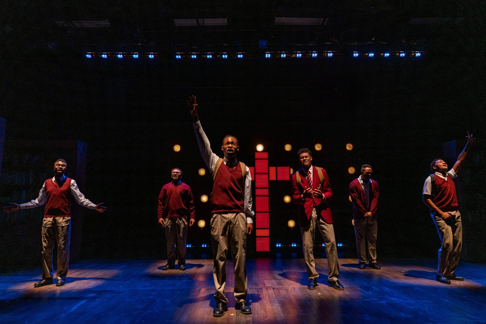 Nigel Richards, Thomas Purvis, Malik Mitchell, Dwayne P. Mitchell, Jaimar Brown and Aaron Pattersonin in SpeakEasy Stage's Production of "Choir Boy." (Courtesy Nile Scott Studios)