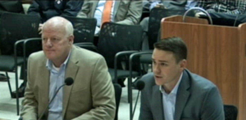 John Lynch, left, petitioned Boston's Zoning Board of Appeal in 2016 to allow him to build a duplex on a lot where two-family homes are normally prohibited. He was joined by architect James Christopher, whose father ran the city's Inspectional Services Department at the time. (Video still)