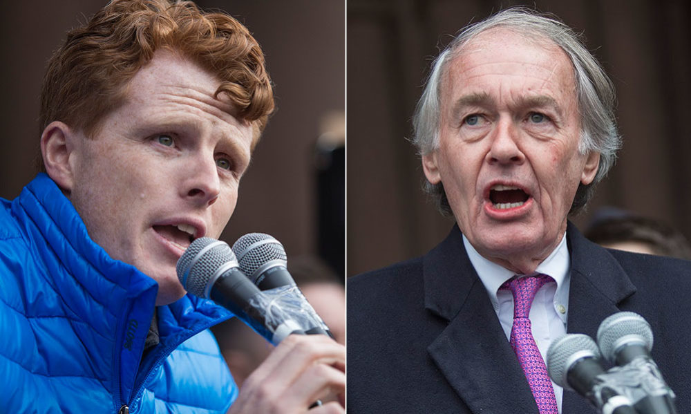 U.S. Rep. Joseph Kennedy III, left, and U.S. Sen. Ed Markey, during a 2017 rally in Boston (Jesse Costa/WBUR)