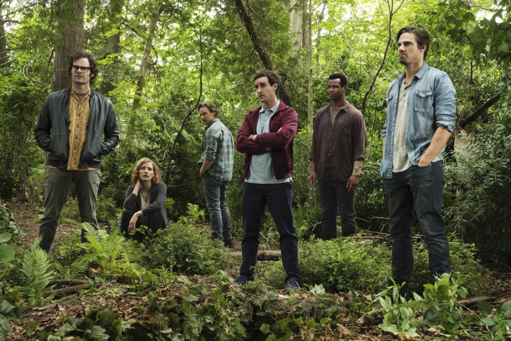 From left to right, Bill Hader as Richie Tozier, Jessica Chastain as Beverly Marsh, James McAvoy as Bill Denbrough, James Ransone as Eddie Kaspbrak, Isaiah Mustafa as Mike Hanlon and Jay Ryan as Ben Hanscom in &quot;It Chapter Two.&quot; (Courtesy Warner Bros. Pictures)