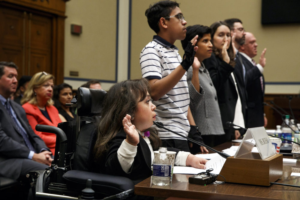 Witnesses including from left, Maria Isabel Bueso of Concord, Calif., Jonathan Sanchez, 16, of Boston, and others are sworn in at a House Oversight subcommittee hearing. (Jacquelyn Martin/AP)