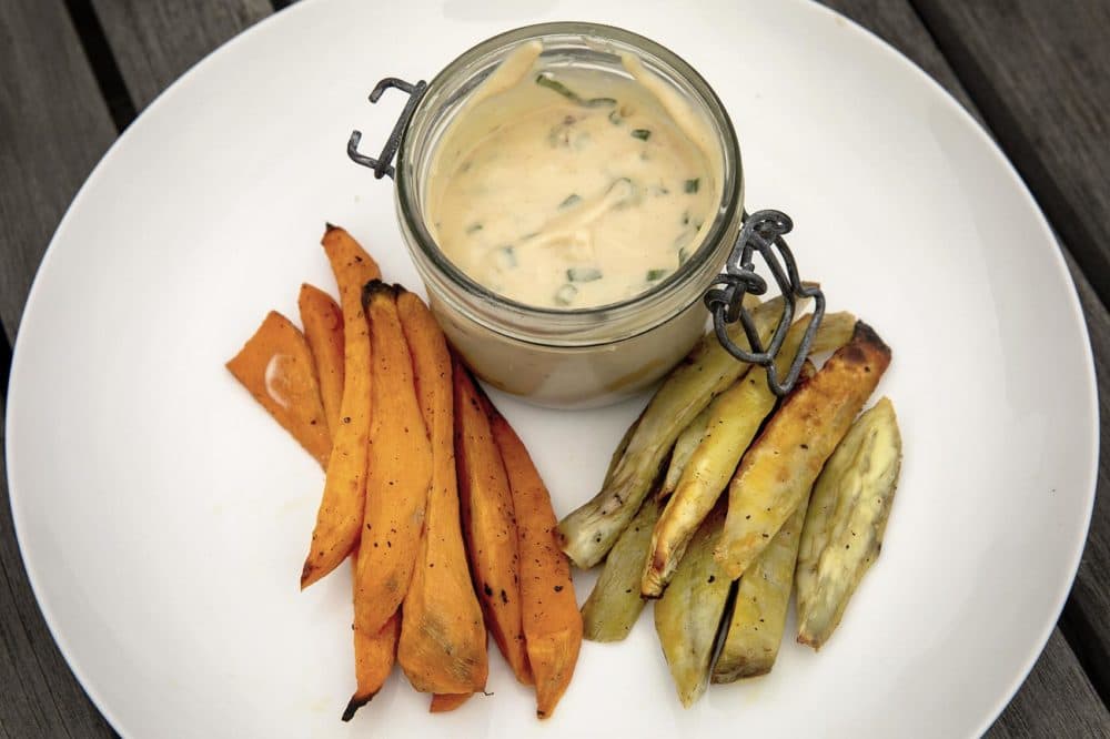 Sweet Potato “Fries” with Miso Mayonnaise by chef Kathy Gunst. (Robin Lubbock/WBUR)