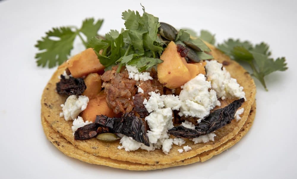 Sweet Potato and Spicy Sausage Tacos by chef Kathy Gunst. (Robin Lubbock/WBUR)