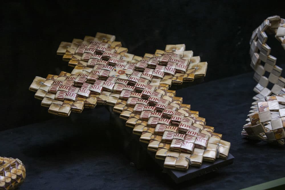&quot;The Cross&quot; created with woven Winston packaging and made at the Louisiana State Penitentiary, Angola. (Jesse Costa/WBUR)
