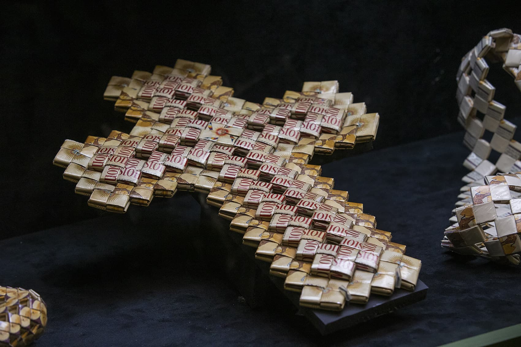 "The Cross" created with woven Winston packaging and made at the Louisiana State Penitentiary, Angola. (Jesse Costa/WBUR)