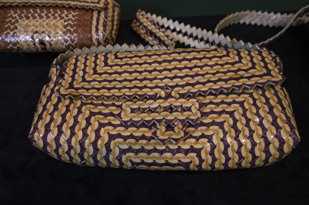 &quot;Chains of Pain,&quot; 1960's, handbag made of Camel packaging at the Rhode Island Maximum Security Prison. (Jesse Costa/WBUR)