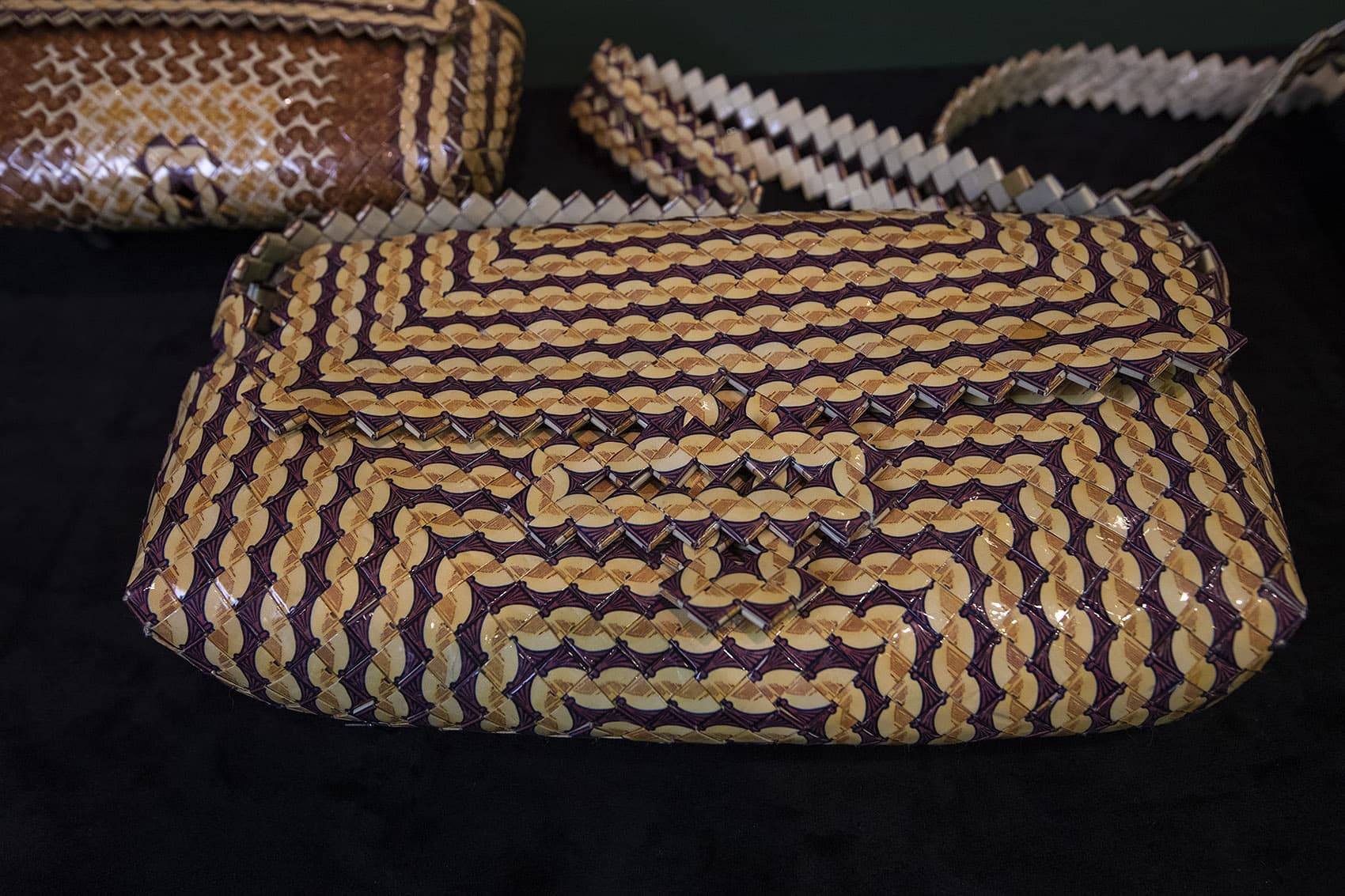 "Chains of Pain," 1960's, handbag made of Camel packaging at the Rhode Island Maximum Security Prison. (Jesse Costa/WBUR)