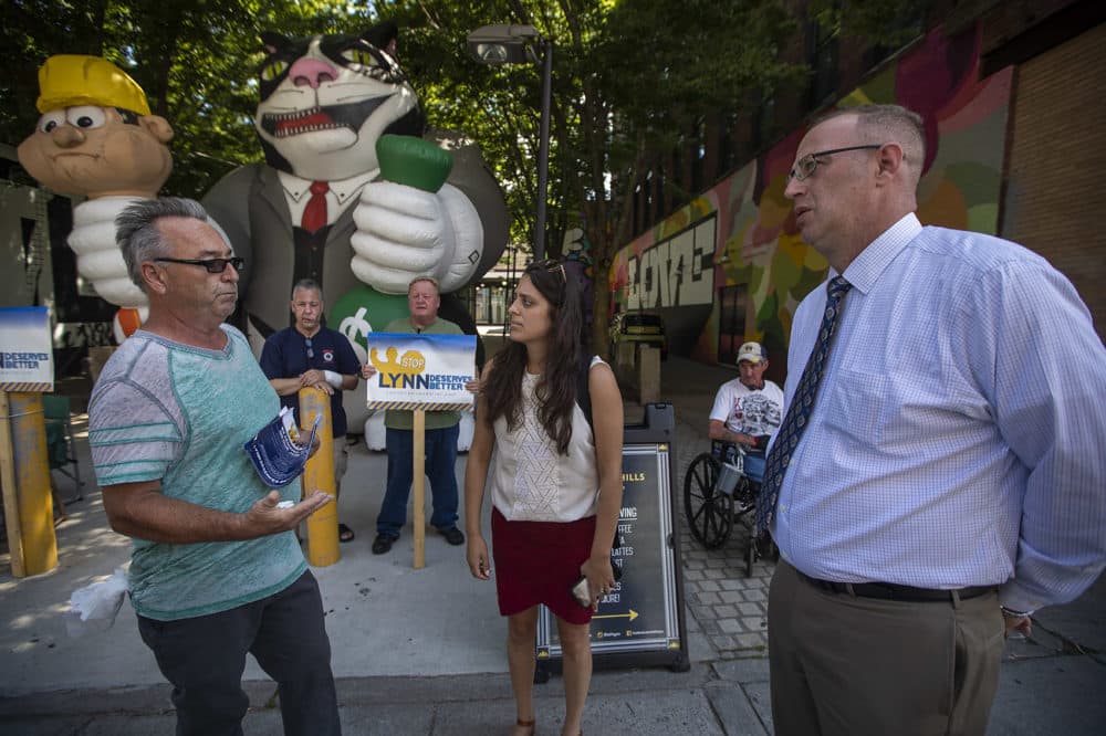 Local union workers protested working conditions at the Munroe Street development. (Jesse Costa/WBUR)