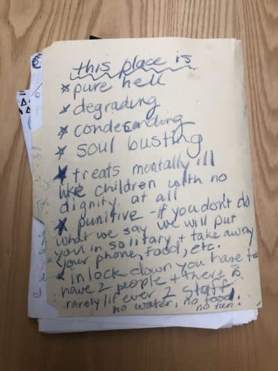 Meme took notes of her experiences in crayon -- the only writing tool she was allowed -- during her 20-day confinement in a hospital emergency department. (Courtesy ACLU of New Hampshire)