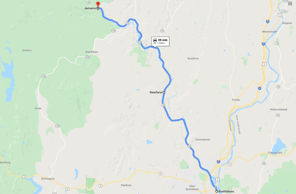 Take Route 30 from Brattleboro to Newfane -- and up to Jamaica, if youd like -- for great views. (Screenshot via Google Maps)