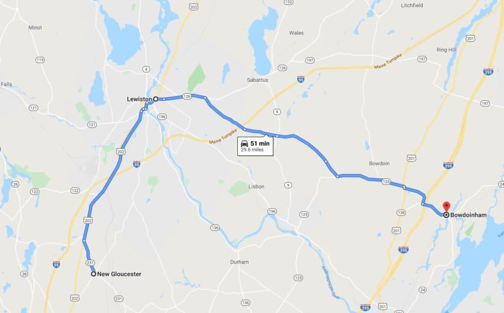 For a loop through Maine, start at New Gloucester, head to Lewiston, and then finish the trip off in Bowdoinham. (Screenshot via Google Maps)