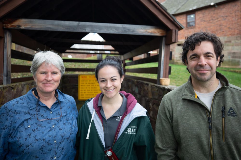Biologist Kate Moran, left, with Old New-Gate site manager Morgan Bengel, and biologist Brian Hess. (Patrick Skahill/Connecticut Public Radio)