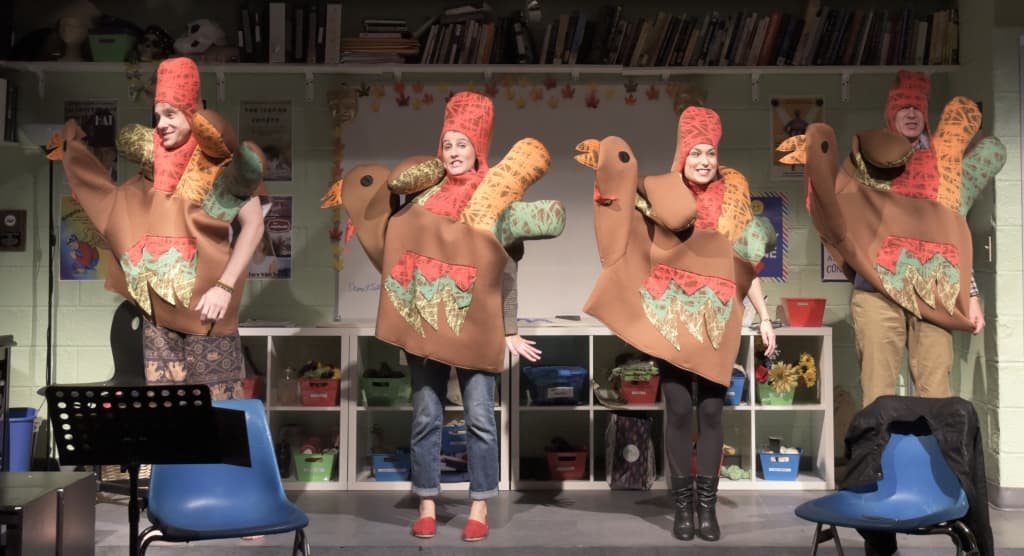 Jesse Hinson as Jaxton, Amanda Collins as Logan, Grace Experience as Alicia and Barlow Adamson as Caden in "The Thanksgiving Play." (Courtesy Glenn Perry/Lyric Stage Company of Boston)