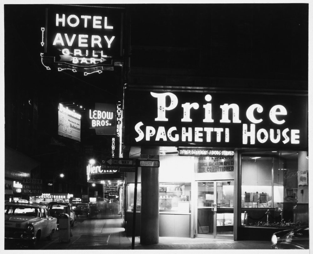 A Prince Spaghetti House at the corner of Avery and Washington streets in Boston in the mid 20th century. (Courtesy MIT-Libraries)