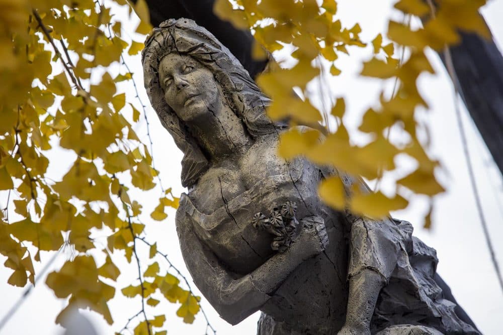 The sunken shipwreck's figurehead looks down from the galleon's bow. (Robin Lubbock/WBUR)