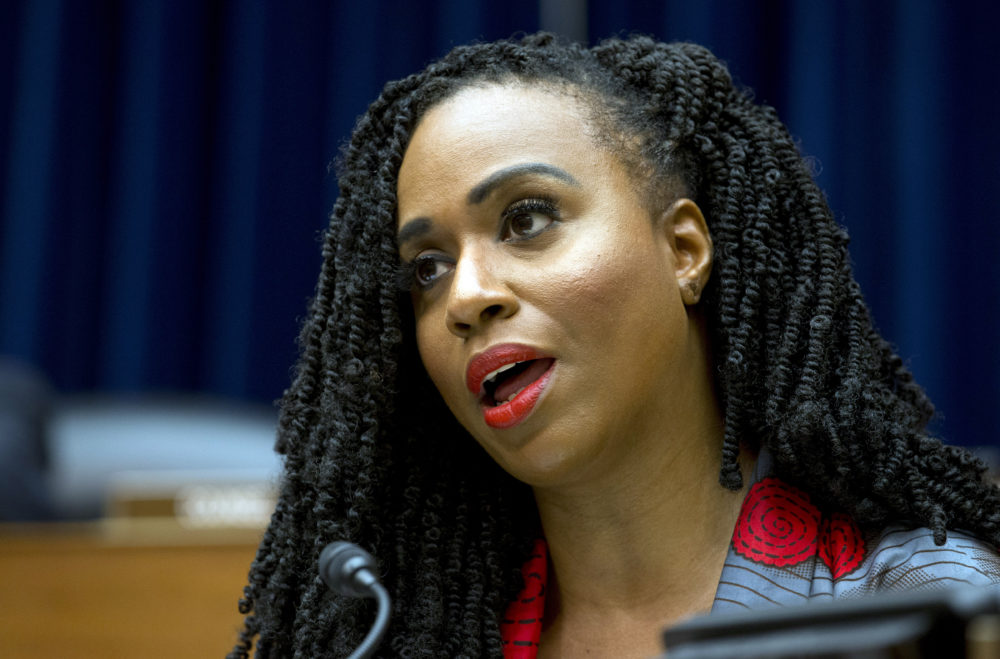 Rep. Ayanna Pressley, D-Mass. speaks during the House Oversight subcommittee hearing on deportation of critically ill children at Capitol Hill in Washington on Wednesday. (Jose Luis Magana/AP)