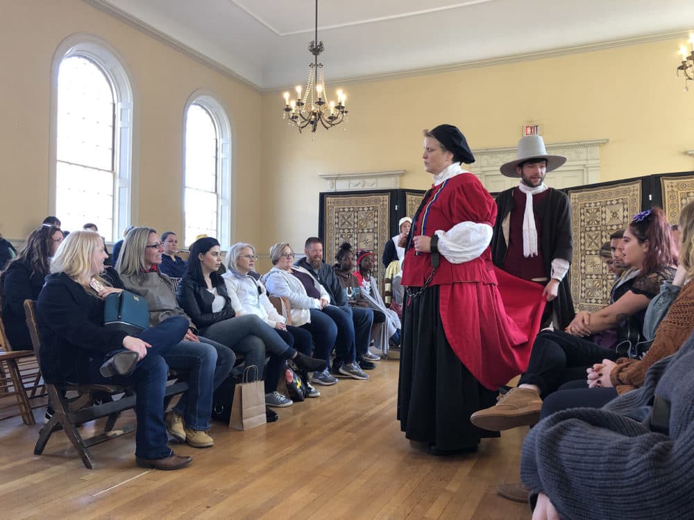 The re-enactment of the trial of Bridget Bishop at the Old Town Hall in Salem. (Andrea Shea/WBUR)