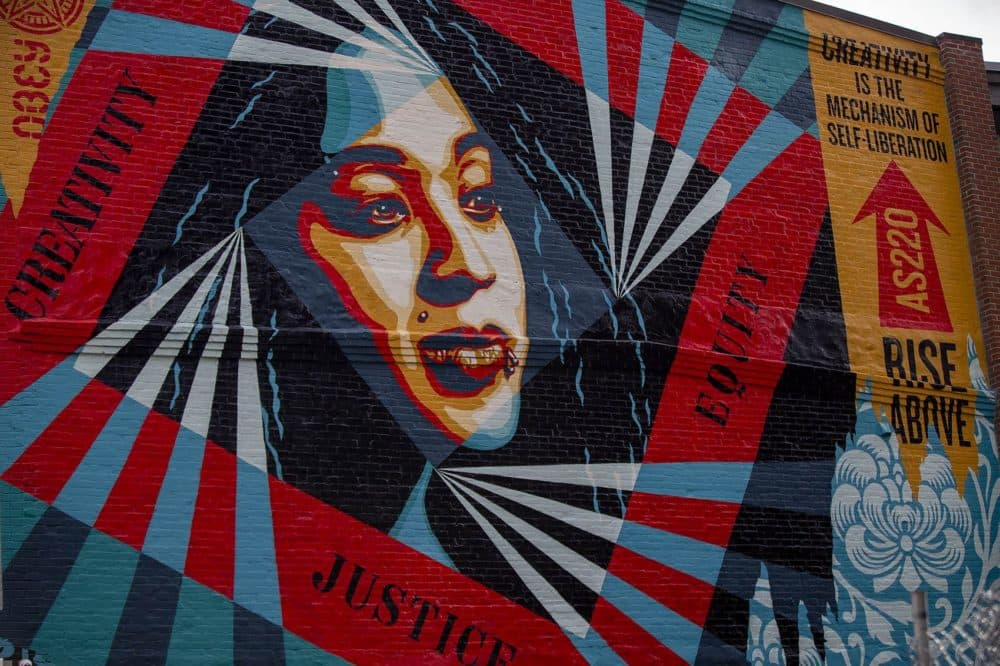 On the Founder's League in Providence, Shepard Fairey painted his 100th mural. (Jesse Costa/WBUR)