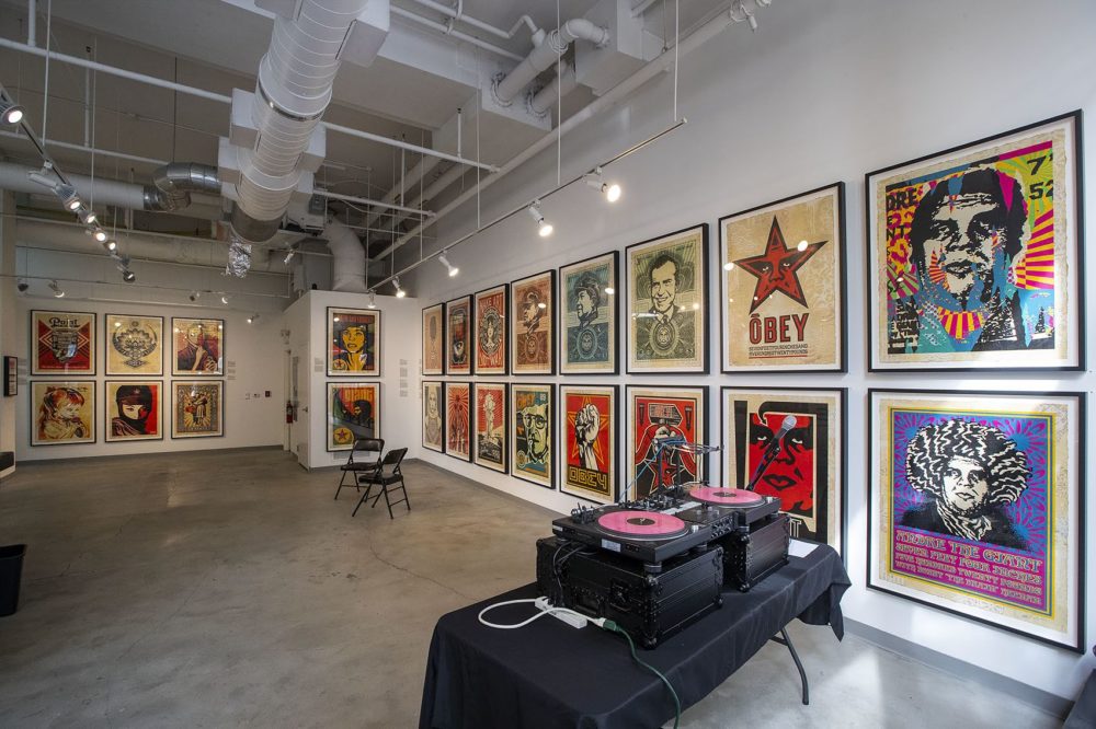 Shepard Fairey’s exhibit, “Facing the Giant: Three Decades of Dissent” in Providence. (Jesse Costa/WBUR)