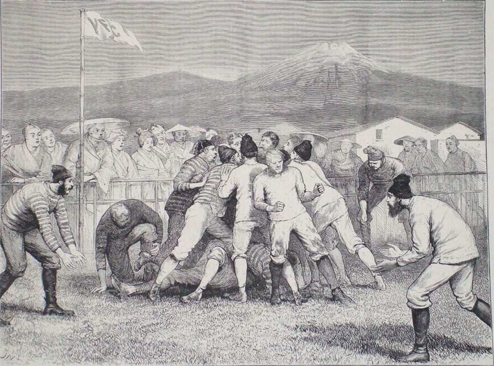 An 1874 illustration of &quot;football&quot; being played in Yokohama. (Courtesy Mike Galbraith)