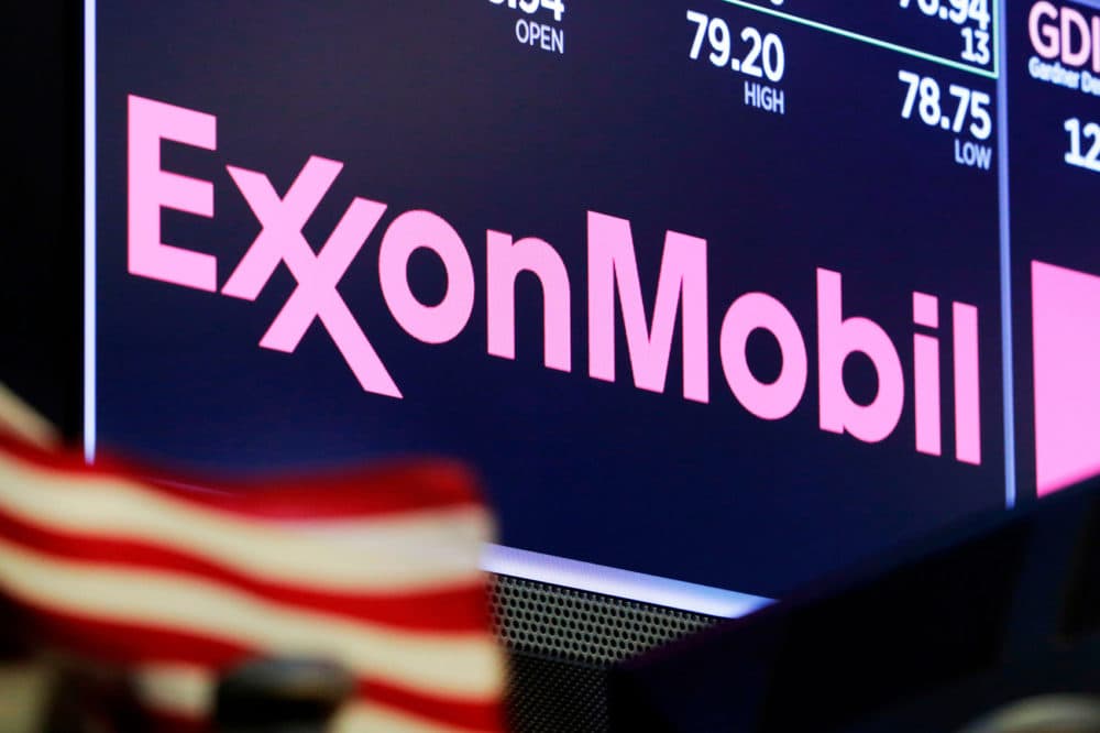 In this April 23, 2018, file photo, the logo for ExxonMobil appears above a trading post on the floor of the New York Stock Exchange. (Richard Drew, File/AP)
