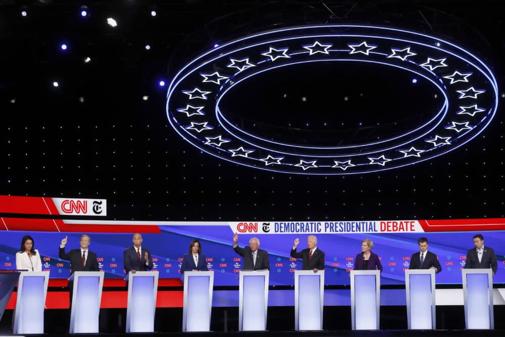 Democratic presidential candidates during a debate hosted by CNN/New York Times at Otterbein University, Tuesday in Westerville, Ohio (John Minchillo/AP)