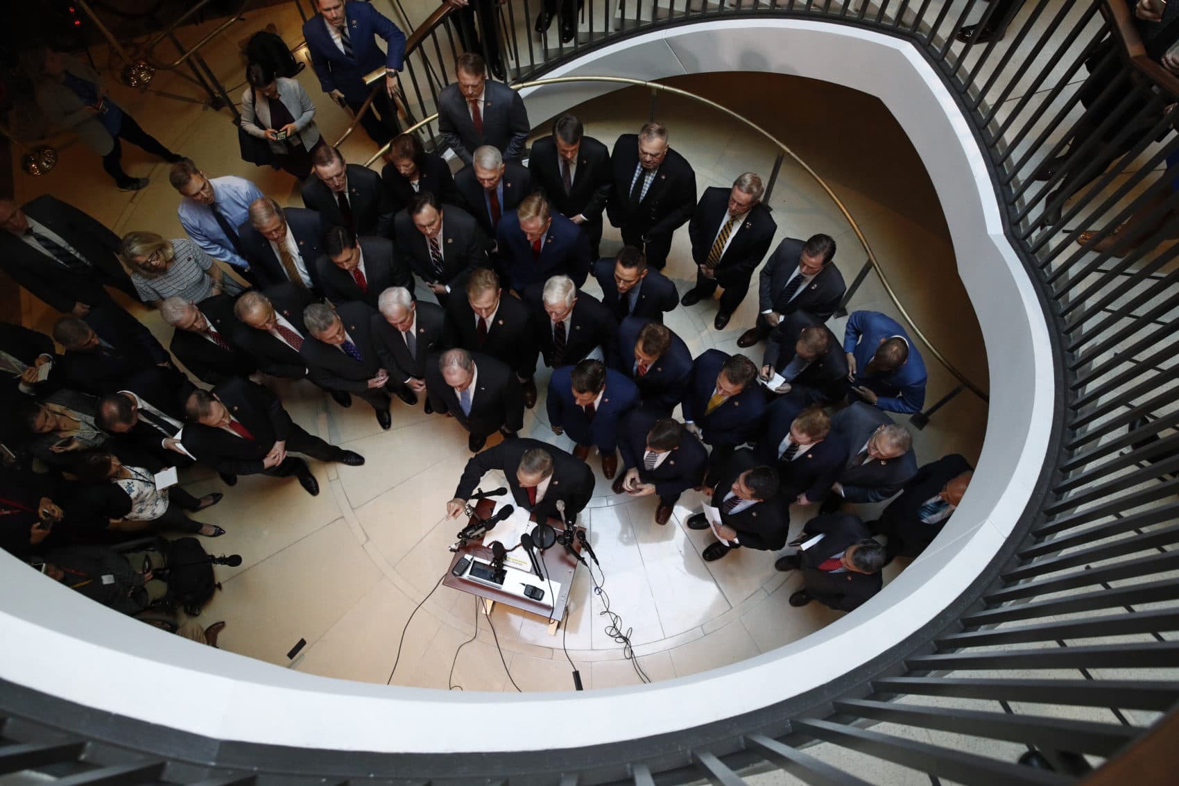 House Republicans hold a press conference after Deputy Assistant Secretary of Defense Laura Cooper arrived to deliver testimony behind closed doors as part of the House impeachment inquiry on Oct. 23, 2019. (Patrick Semansky/AP)