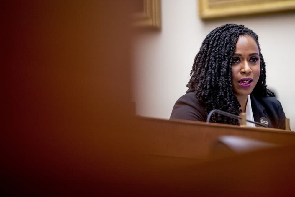 Rep. Ayanna Pressley, D-Mass., questions Facebook CEO Mark Zuckerberg as he appears before a House Financial Services Committee hearing Wednesday. (Andrew Harnik/AP)