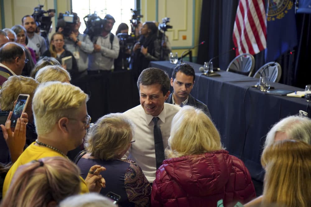 Democratic presidential candidate South Bend, Ind., Mayor Pete Buttigieg smiles as he greets potential supporters following a panel discussion during a campaign stop, Thursday, Oct. 24, 2019, in Nashua, N.H. (Mary Schwalm/AP)