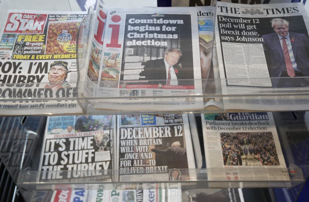 Newspaper front pages referring to the upcoming general election are displayed at a newsagent in London, Wednesday, Oct. 30, 2019. (Frank Augstein/AP)