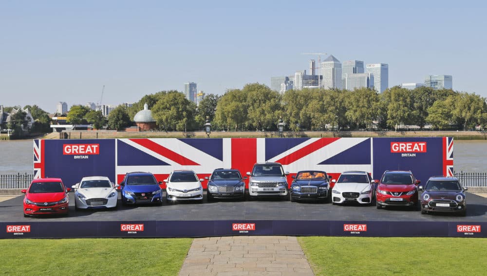 Ten British built cars line up before departing for the Frankfurt motor show in London. (Frank Augstein/AP)