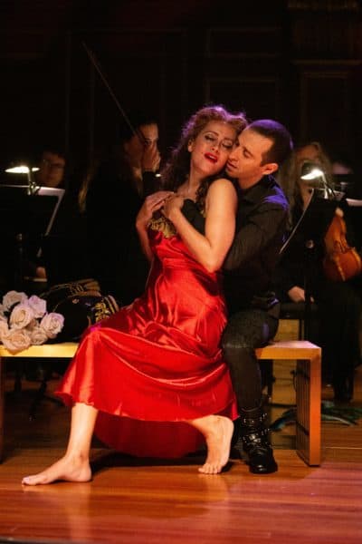Soprano Amanda Forsythe and countertenor Anthony Roth Costanzo on stage during an April 2019 performance of Monteverdi's &quot;L'incoronazione di Poppea&quot; with Boston Baroque. (Courtesy Kathy Wittman)