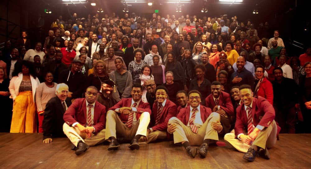 The cast of &quot;Choir Boy&quot; with the audience on #BlackOutBoston night. (Courtesy Todd McNeel)