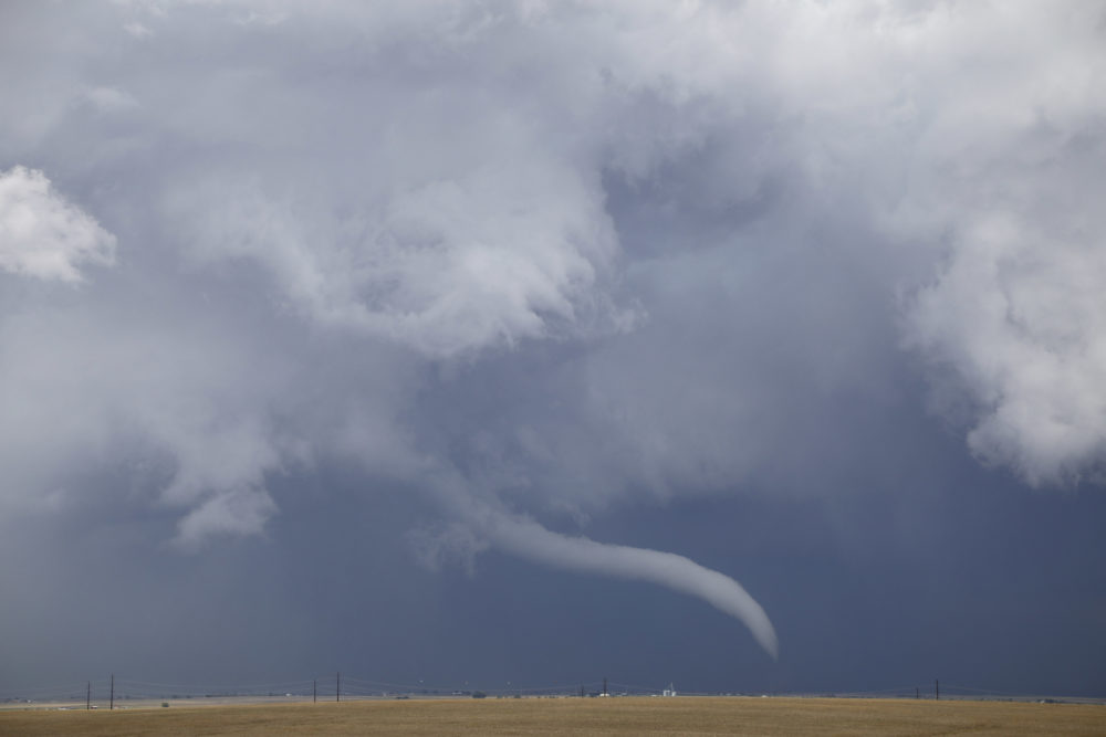 A tuba descending from a storm system over Keenesburg, Colorado, spotted by Carlye Calvin and published in A Cloud A Day from the Cloud Appreciation Society. (Carlye Calvin)