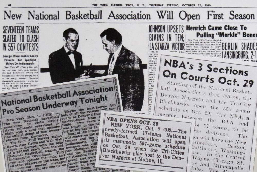 Newspapers clippings from 1949 clearly state that the BAA-NBL merger created a new league. (Karen Given/Only A Game)