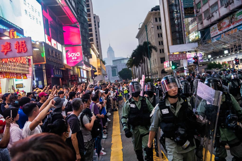 Protesters stand off against riot police in Tsim Sha Tsui district on October 27, 2019 in Hong Kong, China. (Billy H.C. Kwok/Getty Images)