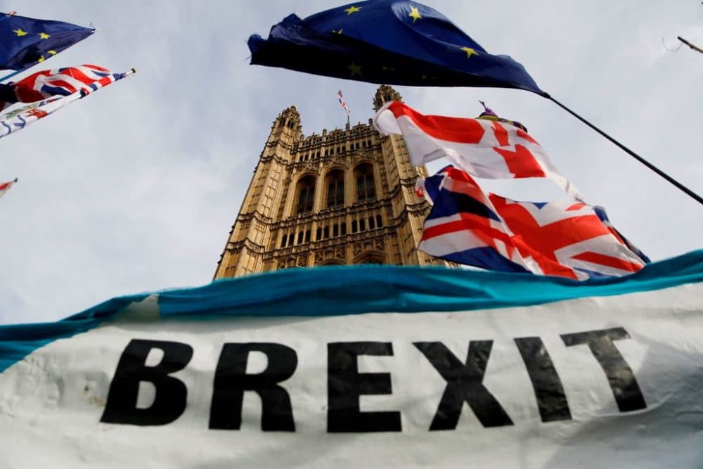 A Brexit banner is seen outside the Houses of Parliament in London on October 30. 2019. (Tolga Akmen/AFP/Getty Images)