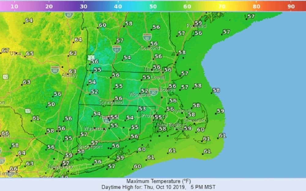 High temperatures for Thursday will be in mid-50s in most parts of the state. (Courtesy of National Weather Service)