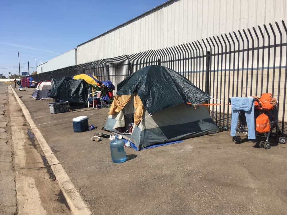Homeless people set up tents in Bakersfield, California. (Alex Ashlock/Here &amp; Now)