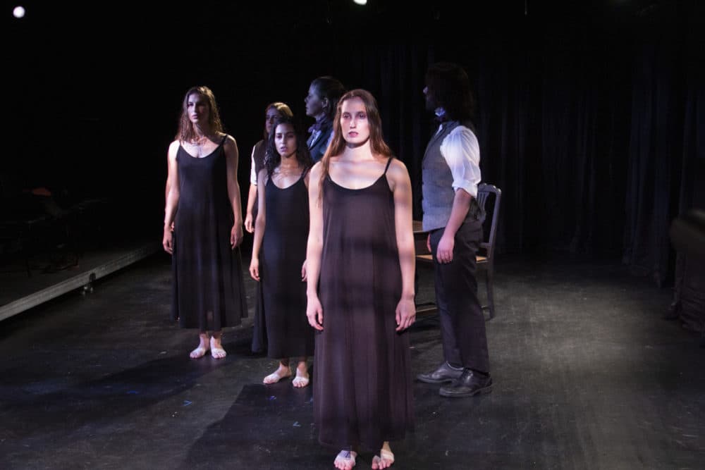 Foreground, front to back: Siobhán Carroll, Luz Lopez, and Elena Toppo. Background, front to back: C. Padraig Sullivan, Christine Power and Jessica Golden in &quot;My Fascination with Creepy Ladies.&quot; (Courtesy Anthem Theatre Company)