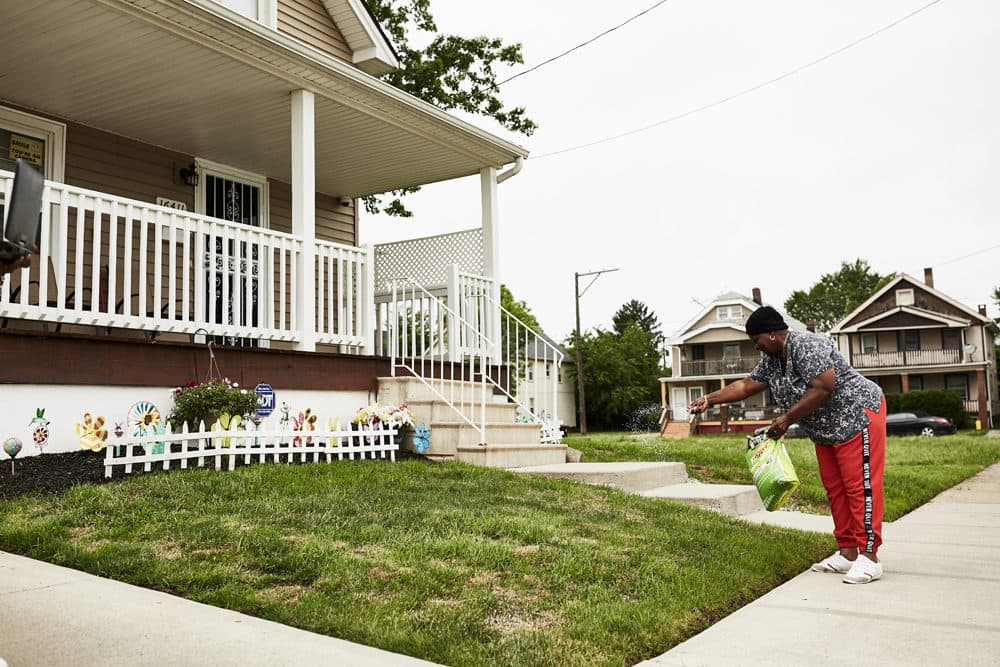 Collinwood resident seeds the lawn of her tidy property with an abandonmenned lot next door in Cleveland's Ward 8 on the East side of the city. (Paul Sobota/Here &amp; Now) 